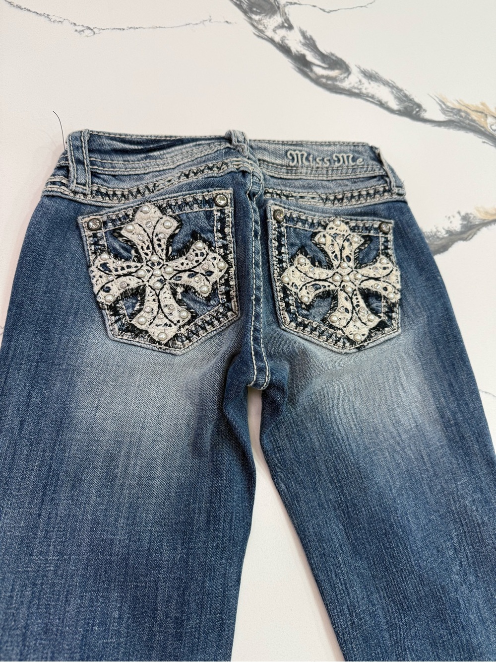 Miss Me Girls Bootcut Jeans Size 7 Cross Lace Embellished Flap Pocket JK7301B2